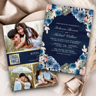 Convite Código QR de Foto Floral Rosa Casamento Azul Escur