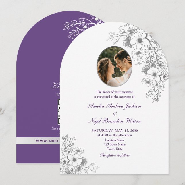 Convite Código QR de Foto Floral Roxo Casamento (Frente/Verso)