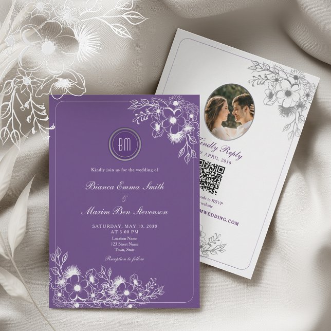 Convite Código QR de Foto Floral Roxo Casamento (Criador carregado)