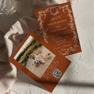 Convite Código QR de Foto Laranja Queimada Floral Casament