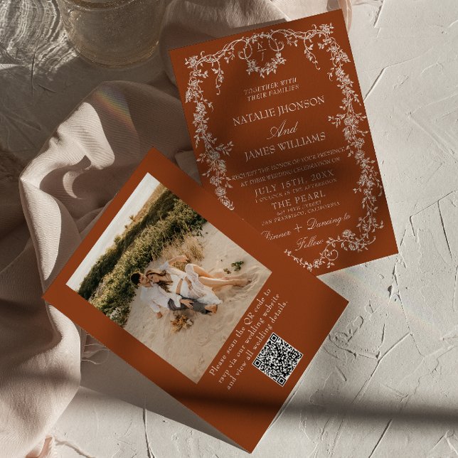 Convite Código QR de Foto Laranja Queimada Floral Casament (Criador carregado)