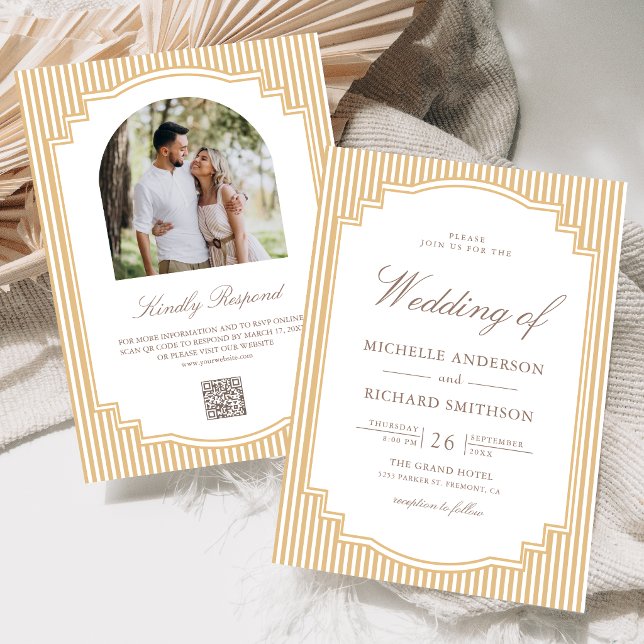 Convite Código QR de Foto Listrado Bege Clássico Casamento (Criador carregado)