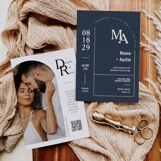 Convite Código QR de Foto Mínima de Arch Azul de Marinho S (Criador carregado)