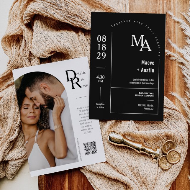 Convite Código QR de Foto Mínima de Arch Mínima Preto Simp (Criador carregado)