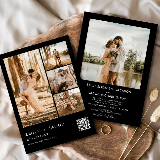 Convite Código QR de Foto Minimalista Preto Casamento (Criador carregado)
