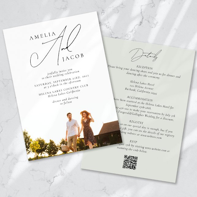 Convite Código QR de Foto Moderna Verde Sage Tudo em Um Ca (Criador carregado)