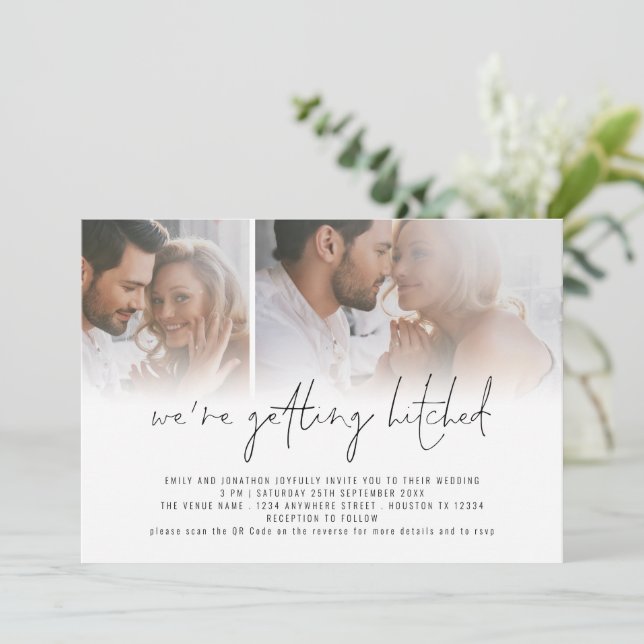 Convite Código QR de Foto Moderno 2 Obtendo Casamento Hitc (Em pé/Frente)