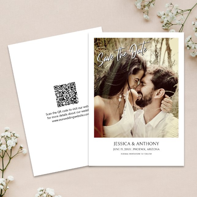 Convite Código QR de Foto Moderno Casamento Salve a Data (Save time and reduce wedding planning stress with this QR code Save the Date card.)
