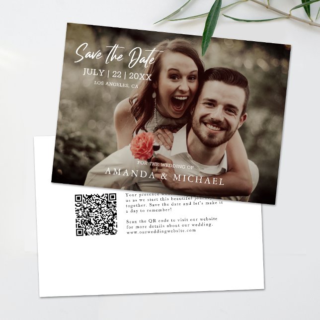 Convite Código QR de Foto Moderno Simples Casamento Salve  (Save time and reduce wedding planning stress with this QR code Save the Date card.)