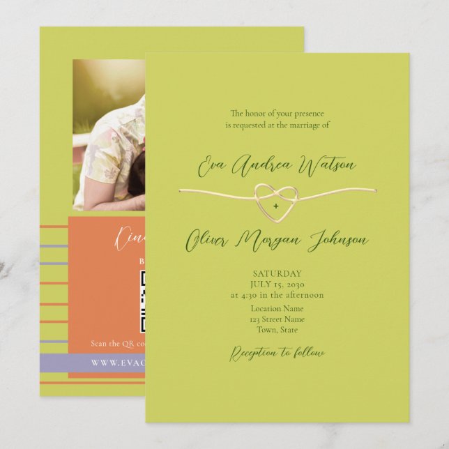 Convite Código QR de Foto Verde de Citrus Casamento (Frente/Verso)