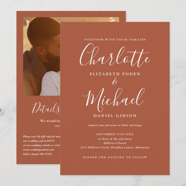 Convite Código QR de Fotografia de Casamento com Letra Ele (Frente/Verso)