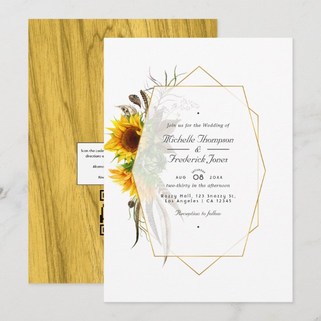 Convite Código QR de Girassóis Rústicos RSVP Casamento Boê (Frente/Verso)