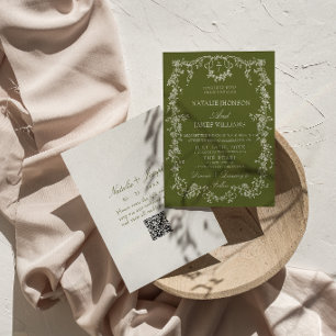 Convite Código QR de Jardim Floral Verde Oliva Retro Casam