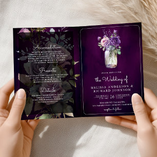 Convite Código QR de Jarra de Mason Floral Roxo Escuro Cas