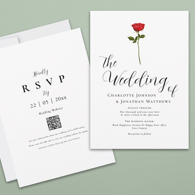 Convite Código QR de Letra Elegante Rosa Vermelha Minimali (Simple red rose watercolor elegant script qr code wedding invitation )