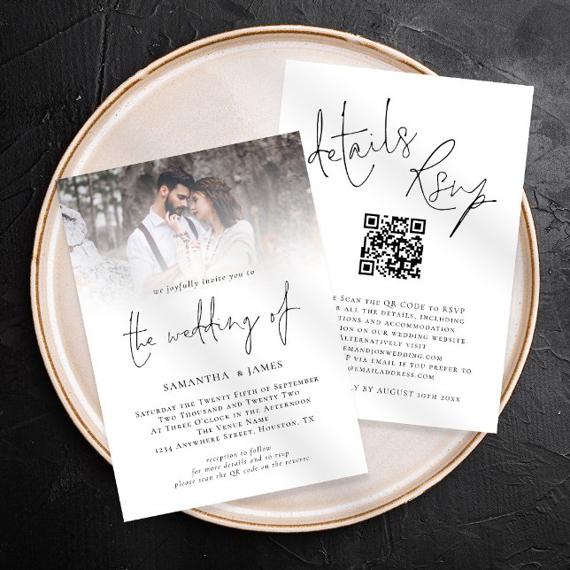 Convite Código QR de Letra Moderna Foto Tudo em Um Casamen (Front and back view, all in one invite, rsvp, details. Available digitally and printed)