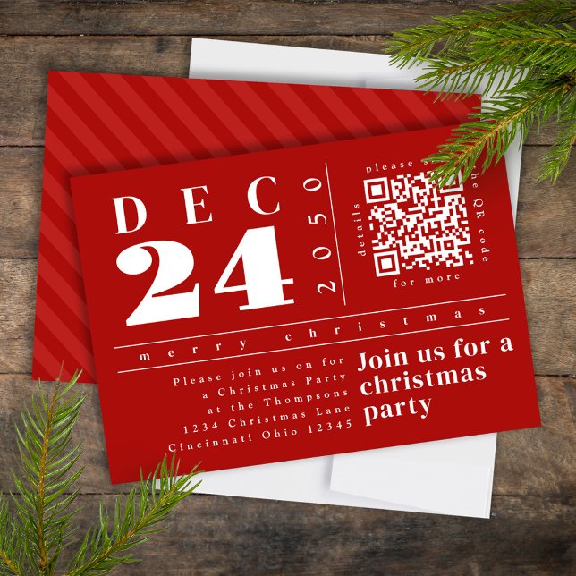 Convite Código QR de Listras Vermelhas Simples e Modernas  (Christmas modern style simple red striped party invitation, )