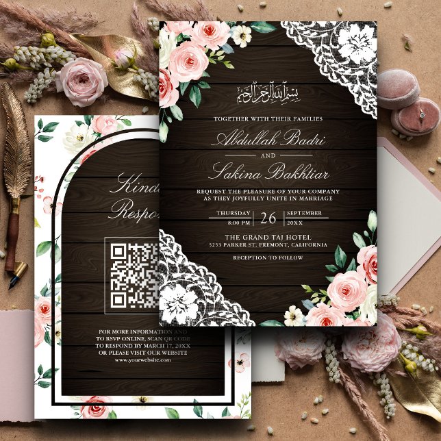 Convite Código QR de Madeira de Celeiro Floral Rosa para C (Criador carregado)