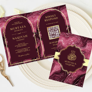 Convite Código QR de Mármore Ágata Borgonha Casamento Muçu