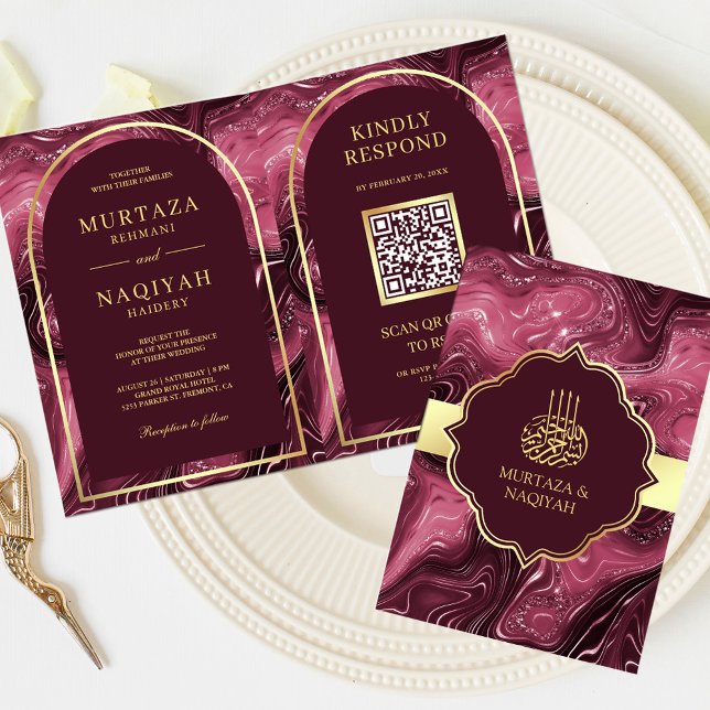 Convite Código QR de Mármore Ágata Borgonha Casamento Muçu (Criador carregado)