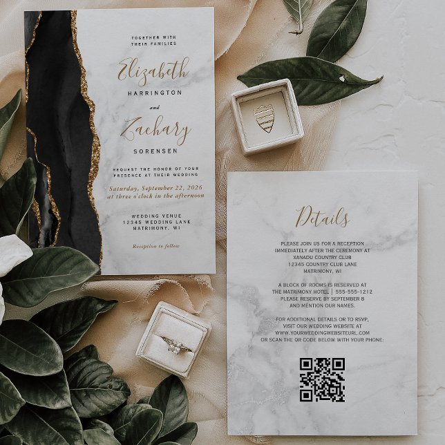 Convite Código QR de Mármore Ágata Ouro Preto Casamento (Criador carregado)