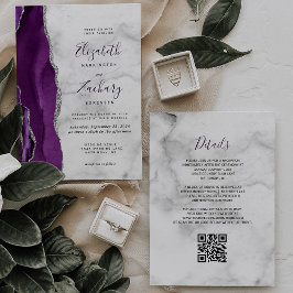 Convite Código QR de Mármore Ágata Prata Roxa Casamento