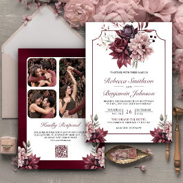 Convite Código QR de Moldura Floral Rosa Poeirento Borgonh