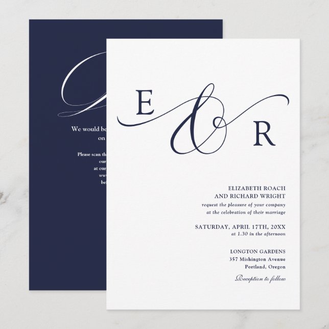 Convite Código QR de Monograma de Letra Cursiva Elegante C (Frente/Verso)