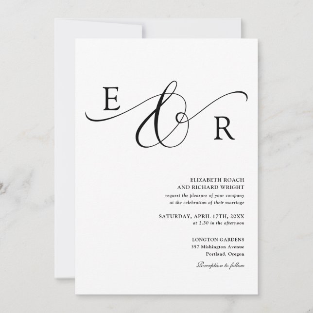 Convite Código QR de Monograma Elegante Preto e Branco Cas (Frente)