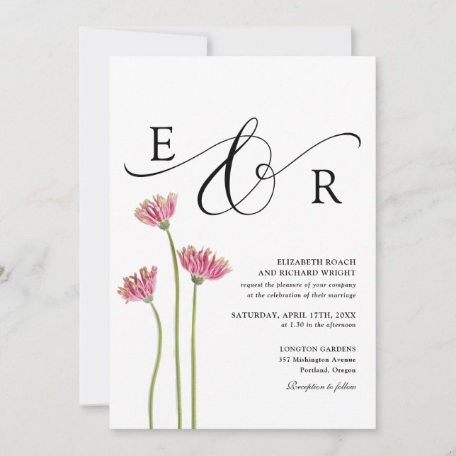 Convite Código QR de Monograma Floral Preto e Branco Casam (Frente)