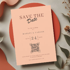 Convite Código QR de Noiva e Noivo Retro Coral Peach Save