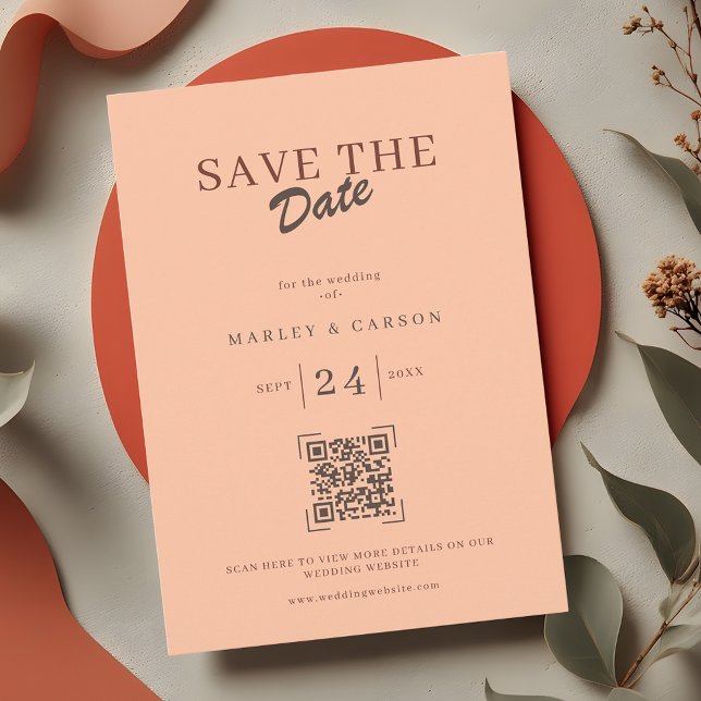 Convite Código QR de Noiva e Noivo Retro Coral Peach Save  (Criador carregado)