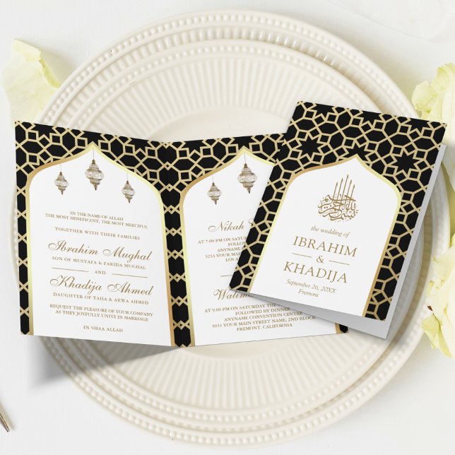 Convite Código QR de Padrão Islâmico Ouro Preto Casamento  (Criador carregado)
