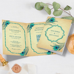 Convite Código QR de Penas de Pavão Azul Casamento Indiano
