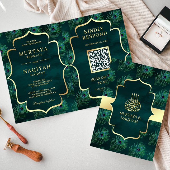 Convite Código QR de Penas de Pavão Azul Escuro Casamento  (Criador carregado)
