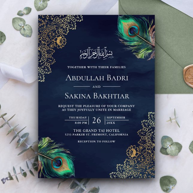 Convite Código QR de Penas de Pavão Azul Marinho Casamento (Criador carregado)