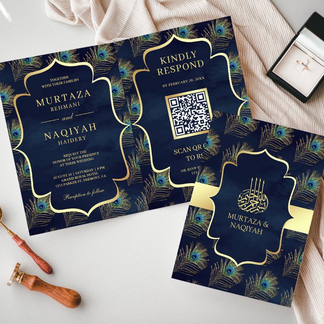 Convite Código QR de Penas de Pavão Azul-Marinho Casamento (Criador carregado)