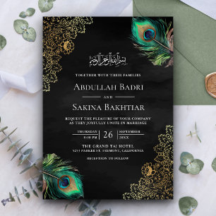 Convite Código QR de Penas de Pavão Casamento Muçulmano Pr