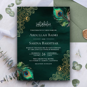 Convite Código QR de Penas de Pavão Esmeralda Casamento Mu