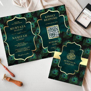 Convite Código QR de Penas de Pavão Preto Verde-Musgo Casa