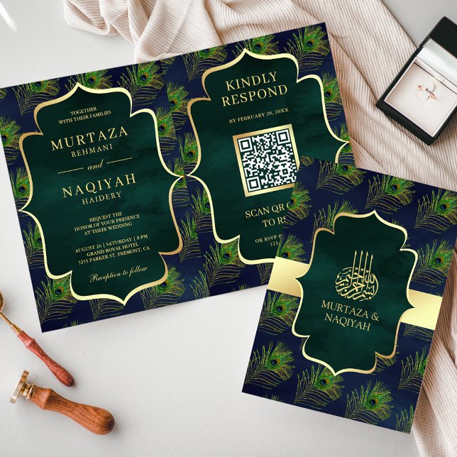 Convite Código QR de Penas de Pavão Verde Azul Casamento M (Criador carregado)
