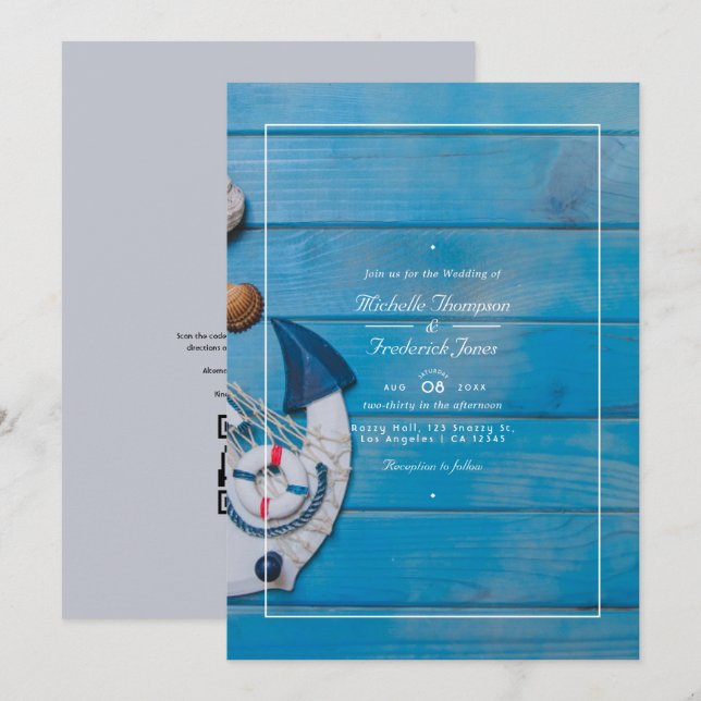 Convite Código QR de Praia Rústica RSVP Casamento Náutico (Frente/Verso)
