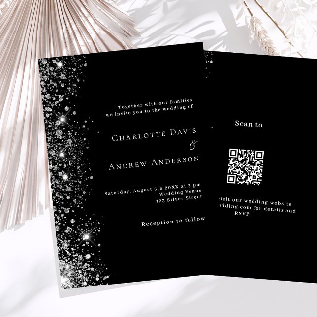 Convite Código QR de prata preta RSVP detalhes casamento (Criador carregado)