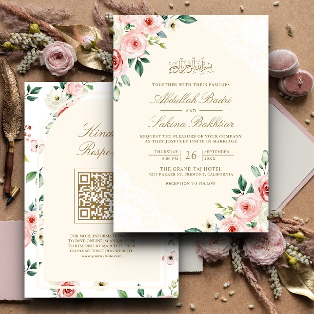Convite Código QR de Renda Creme Floral Rosa para Casament (Criador carregado)