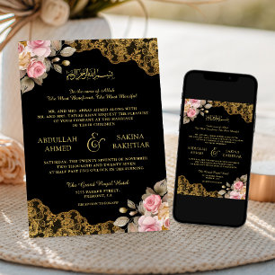 Convite Código QR de Renda Dourada Floral Rosa Casamento M