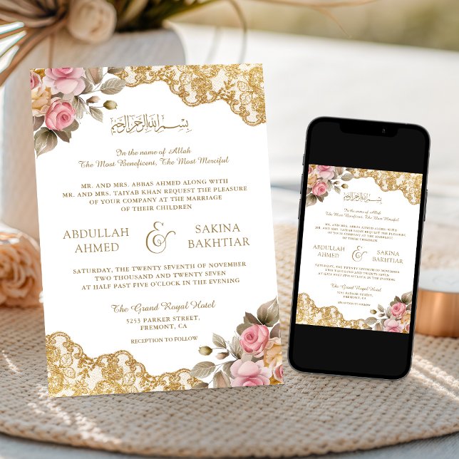 Convite Código QR de Renda Dourada Floral Rosa Casamento M (Criador carregado)