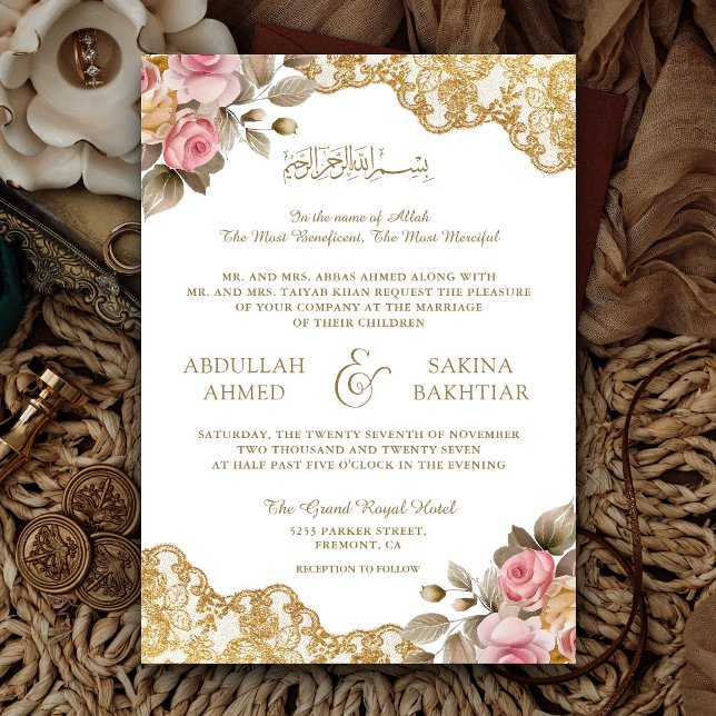 Convite Código QR de Renda Dourada Floral Rosa Casamento M (Criador carregado)