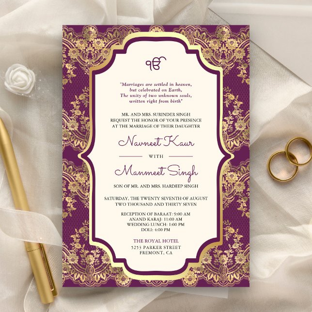 Convite Código QR de Renda Dourada Roxa Anand Karaj Casame (Criador carregado)