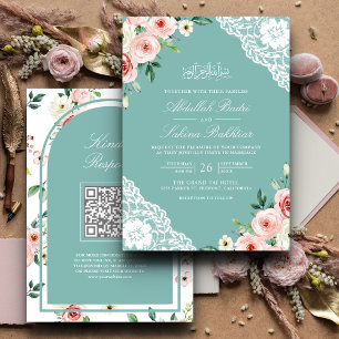 Convite Código QR de Renda Floral Rosa Verde Musulmana Cas