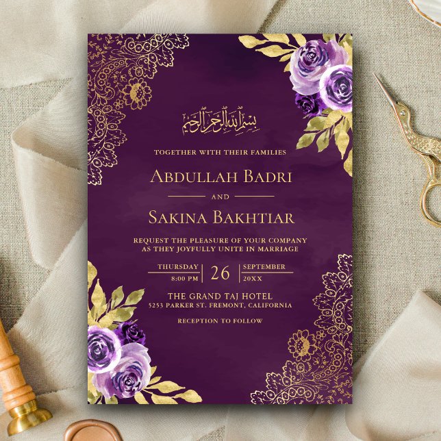 Convite Código QR de Renda Floral Roxo Empoeirado para Cas (Criador carregado)